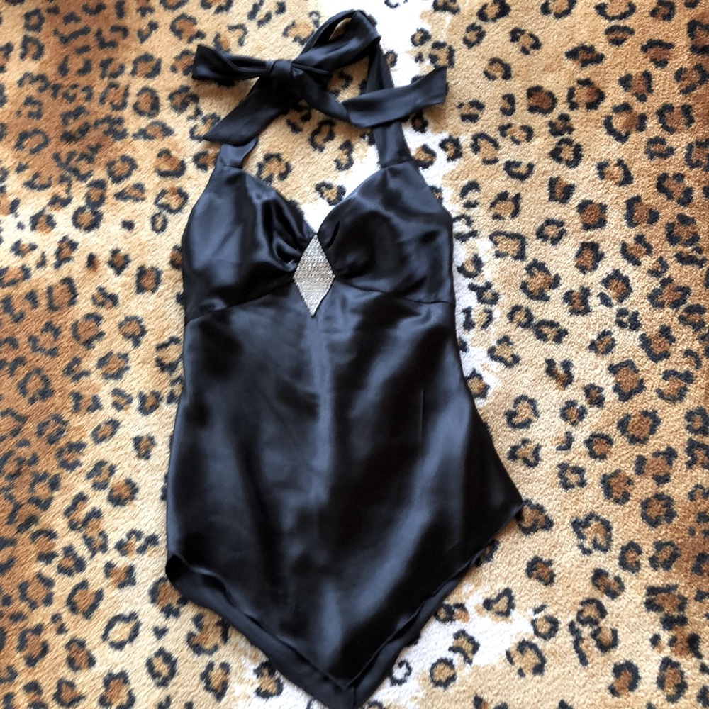 Glitter perfection. Black satin halter top